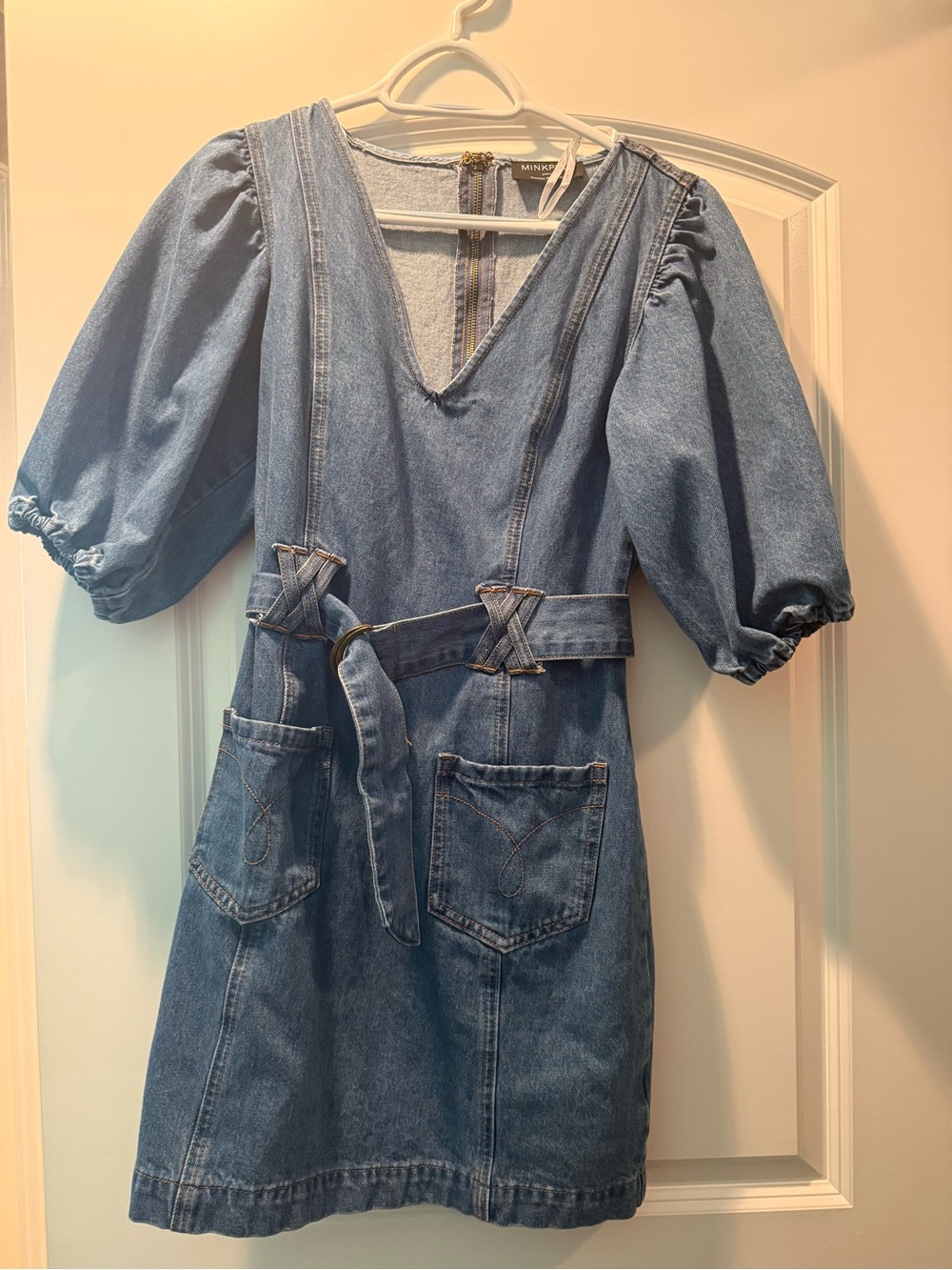 Minkpink Denim Puff Sleeve Belted Mini Dress - size small